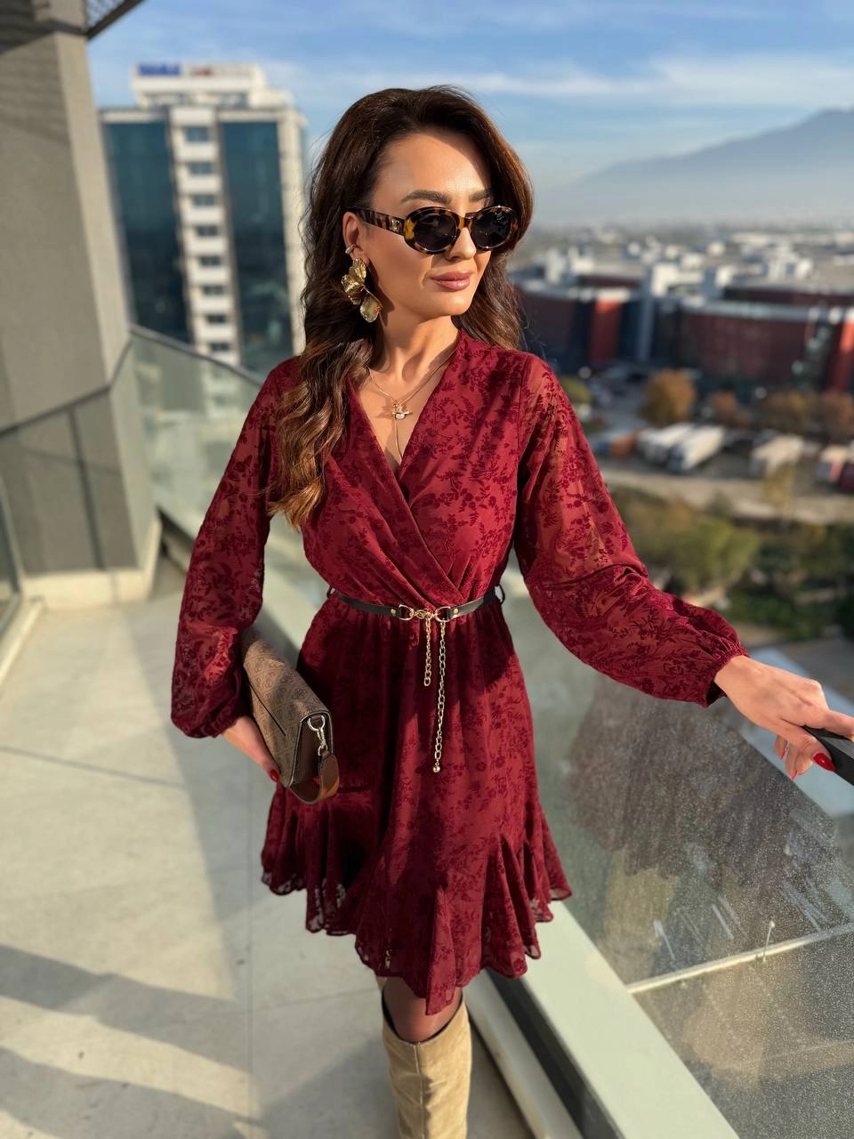 Bordo%20Kemeri%20Flok%20Baskılı%20Lüks%20Kalite%20Astarlı%20Şifon%20Elbise