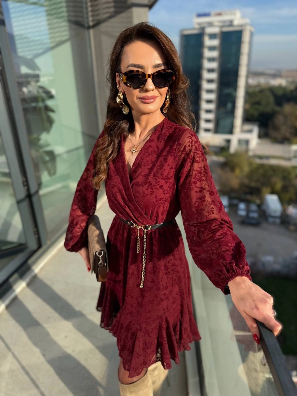 Bordo%20Kemeri%20Flok%20Baskılı%20Lüks%20Kalite%20Astarlı%20Şifon%20Elbise