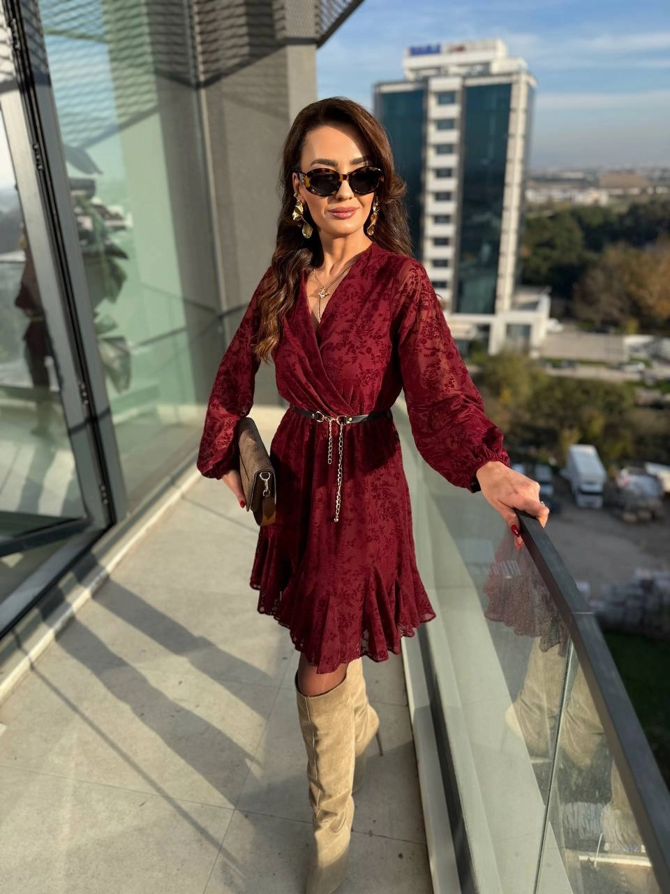 Bordo%20Kemeri%20Flok%20Baskılı%20Lüks%20Kalite%20Astarlı%20Şifon%20Elbise