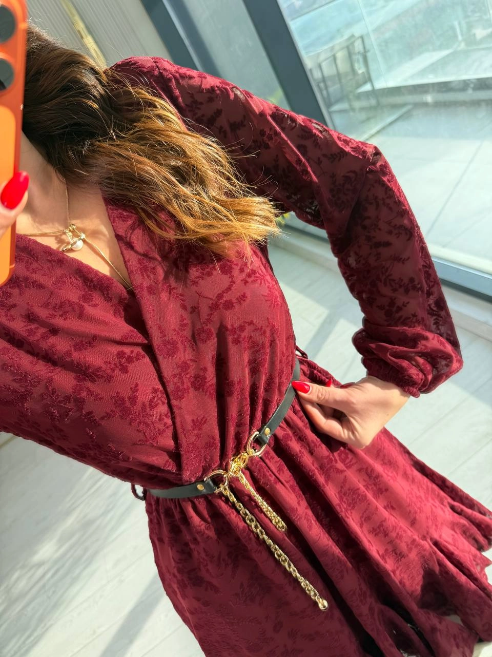 Bordo%20Kemeri%20Flok%20Baskılı%20Lüks%20Kalite%20Astarlı%20Şifon%20Elbise