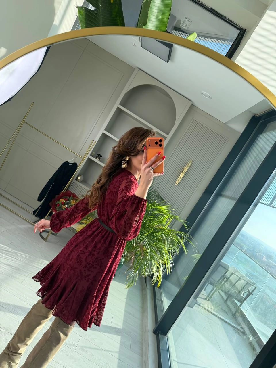 Bordo%20Kemeri%20Flok%20Baskılı%20Lüks%20Kalite%20Astarlı%20Şifon%20Elbise