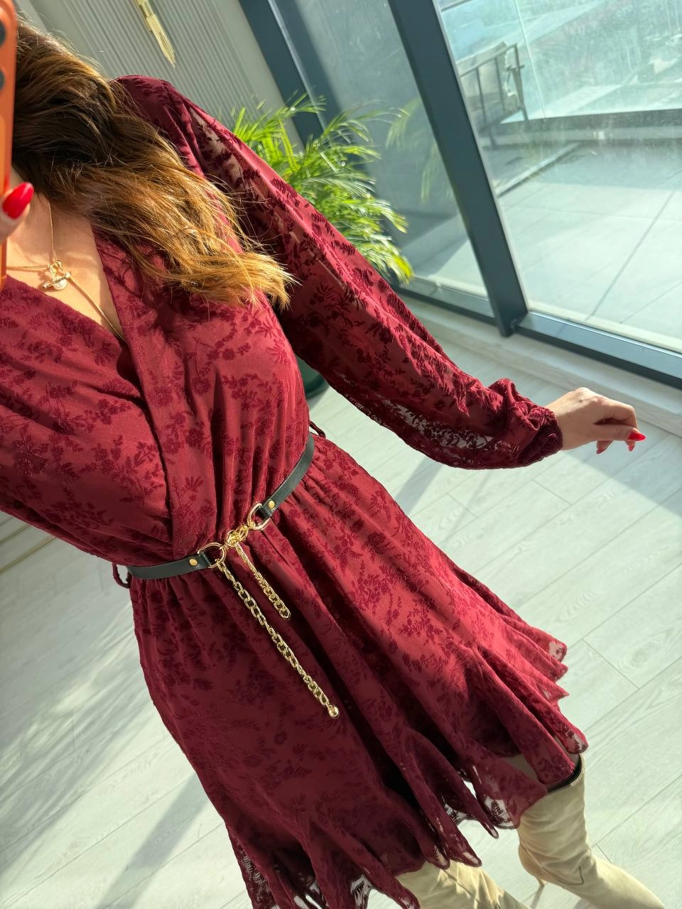 Bordo%20Kemeri%20Flok%20Baskılı%20Lüks%20Kalite%20Astarlı%20Şifon%20Elbise