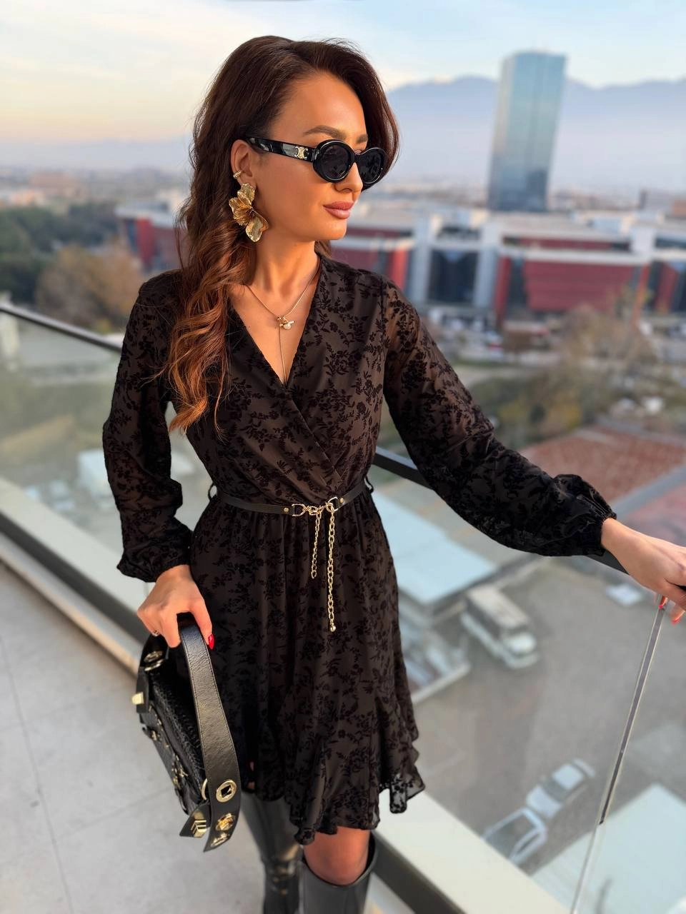 Siyah%20Kemeri%20Flok%20Baskılı%20Lüks%20Kalite%20Astarlı%20Şifon%20Elbise