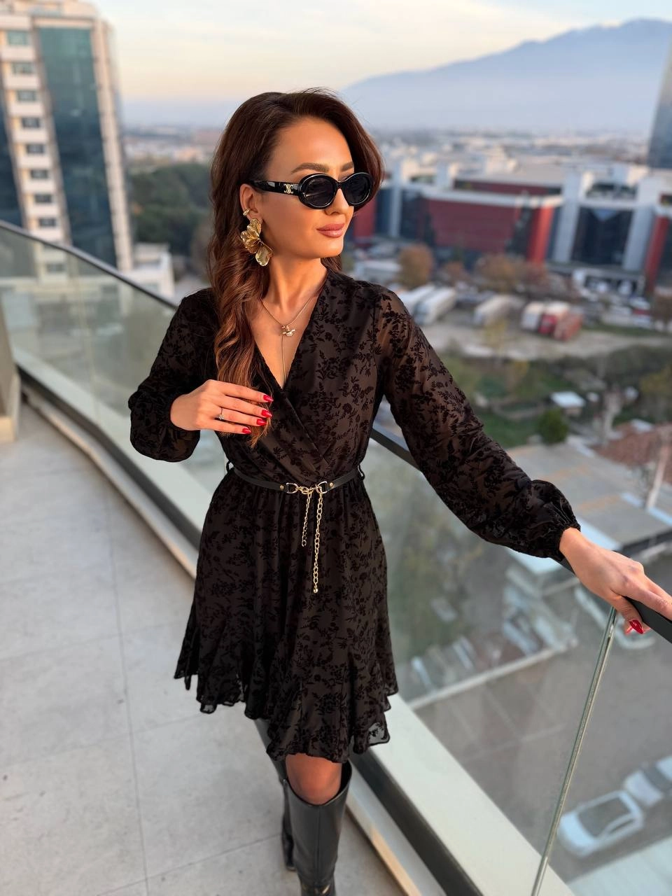 Siyah%20Kemeri%20Flok%20Baskılı%20Lüks%20Kalite%20Astarlı%20Şifon%20Elbise