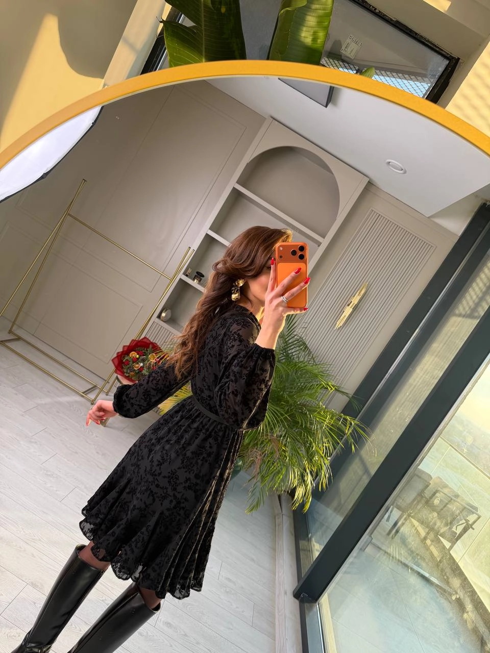 Siyah%20Kemeri%20Flok%20Baskılı%20Lüks%20Kalite%20Astarlı%20Şifon%20Elbise