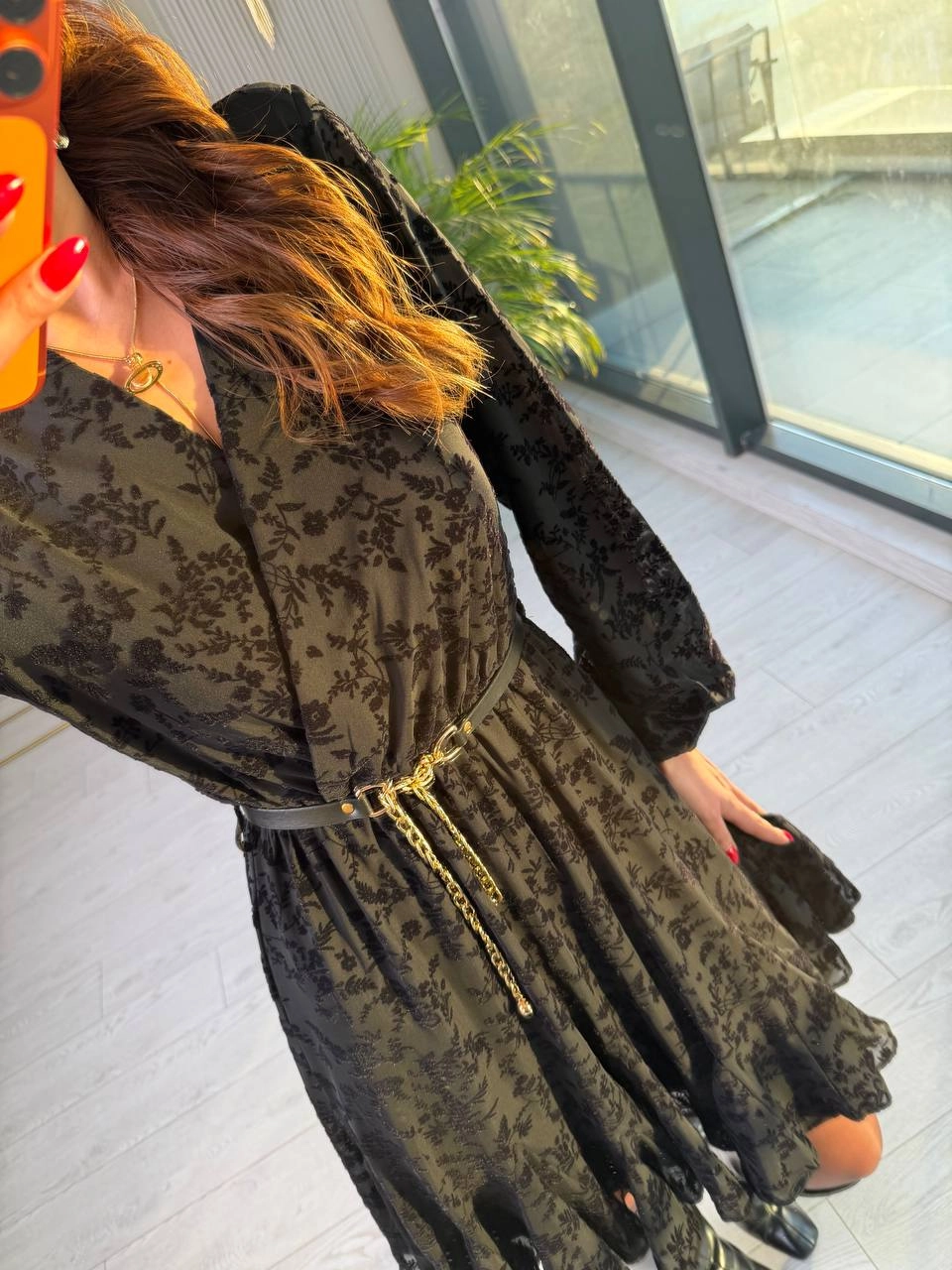 Siyah%20Kemeri%20Flok%20Baskılı%20Lüks%20Kalite%20Astarlı%20Şifon%20Elbise