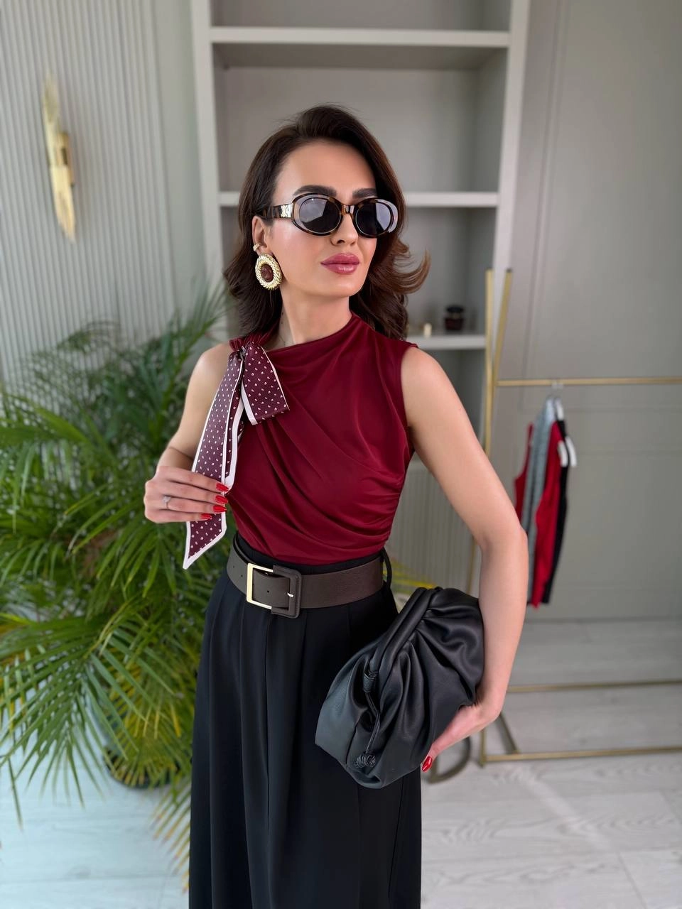 Bordo%20Fular%20Detaylı%20Likralı%20Bluz