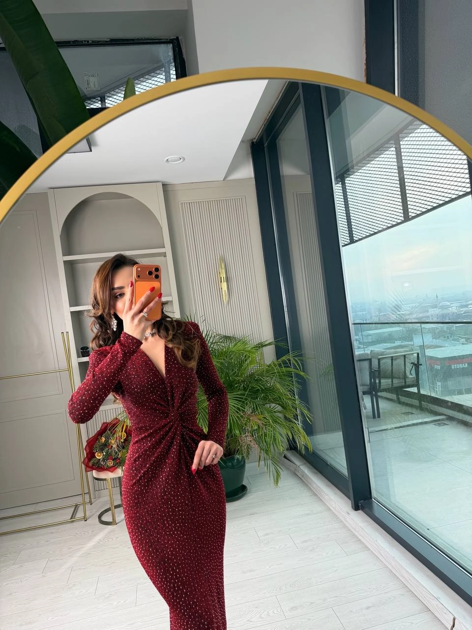 Bordo%20Bel%20Düğümlü%20Kruvaze%20Yaka%20Minimal%20Taşlı%20Likralı%20Elbise