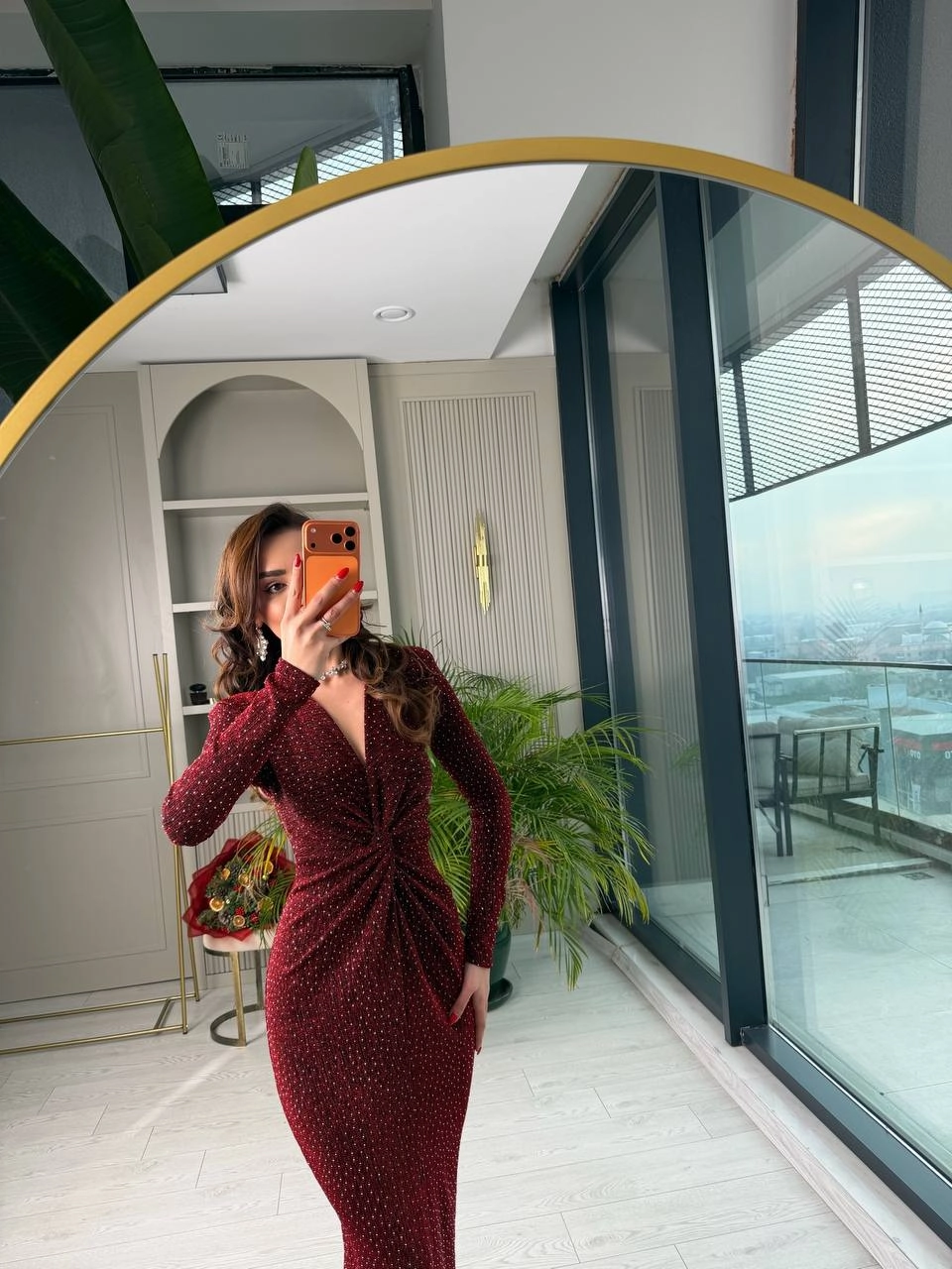 Bordo%20Bel%20Düğümlü%20Kruvaze%20Yaka%20Minimal%20Taşlı%20Likralı%20Elbise