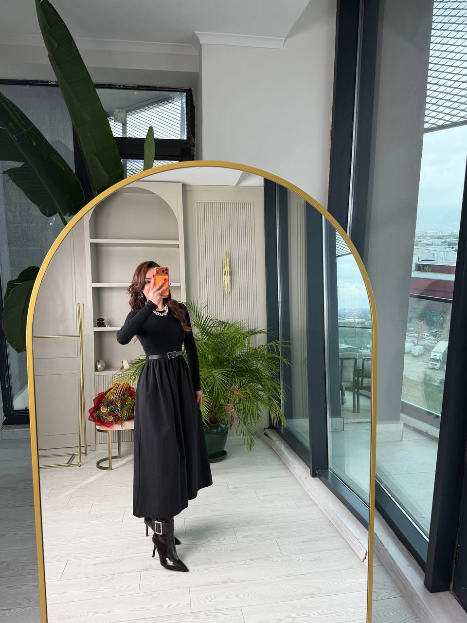 Siyah%20Kemerli%20Eteği%20Poplin%20Kumaş%20Elbise