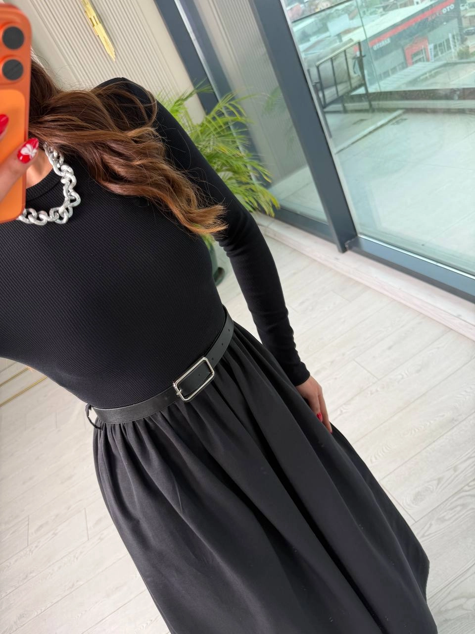 Siyah%20Kemerli%20Eteği%20Poplin%20Kumaş%20Elbise