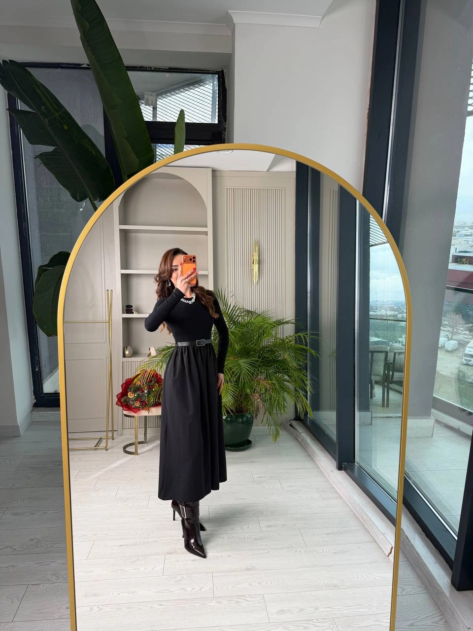 Siyah%20Kemerli%20Eteği%20Poplin%20Kumaş%20Elbise