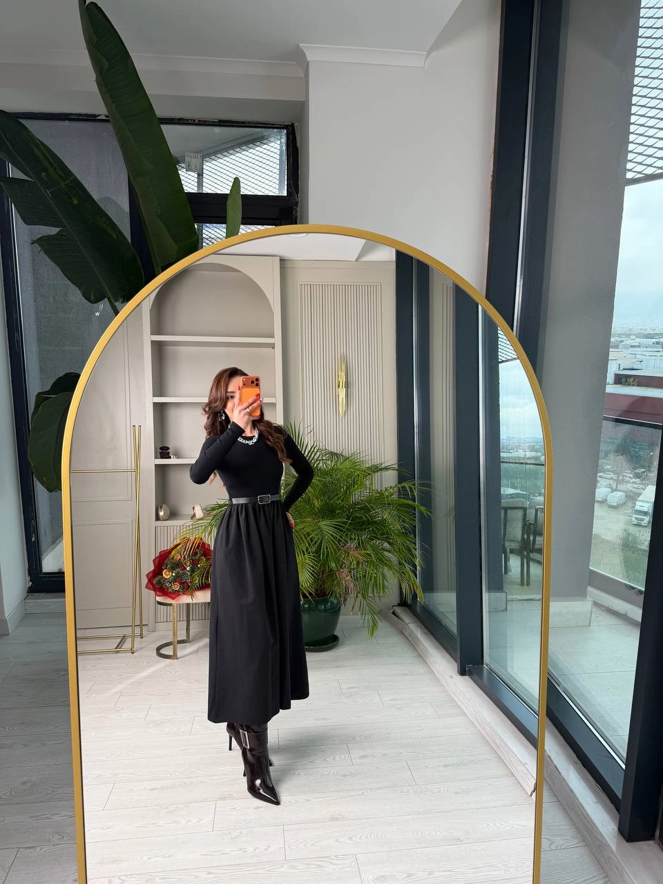 Siyah%20Kemerli%20Eteği%20Poplin%20Kumaş%20Elbise