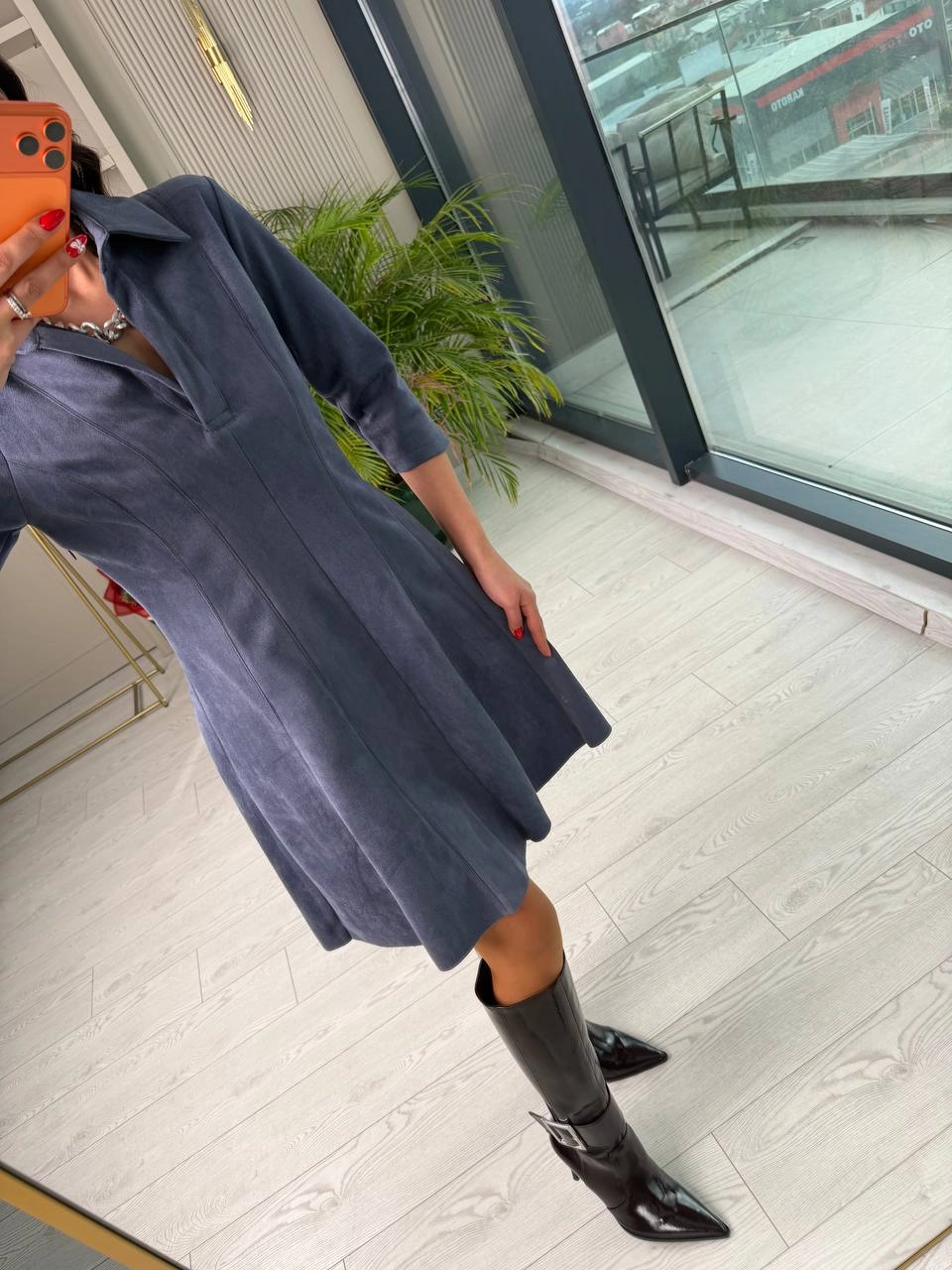 Mavi%20Yaka%20Detay%20Nubuk%20Süet%20Elbise