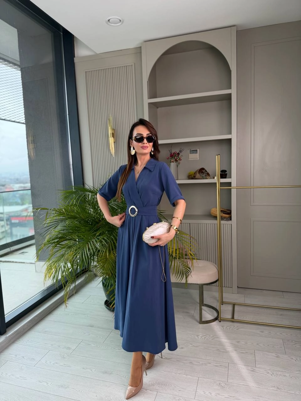 İndigo%20Mavi%20Tensel%20Kumaş%20Cepli%20Kruvaze%20Yaka%20Elbise