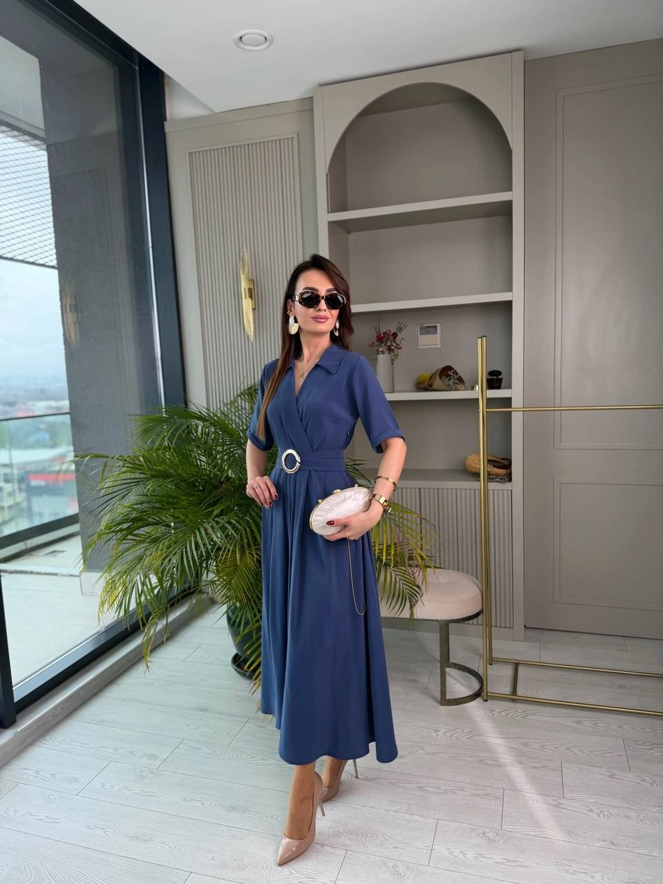 İndigo%20Mavi%20Tensel%20Kumaş%20Cepli%20Kruvaze%20Yaka%20Elbise