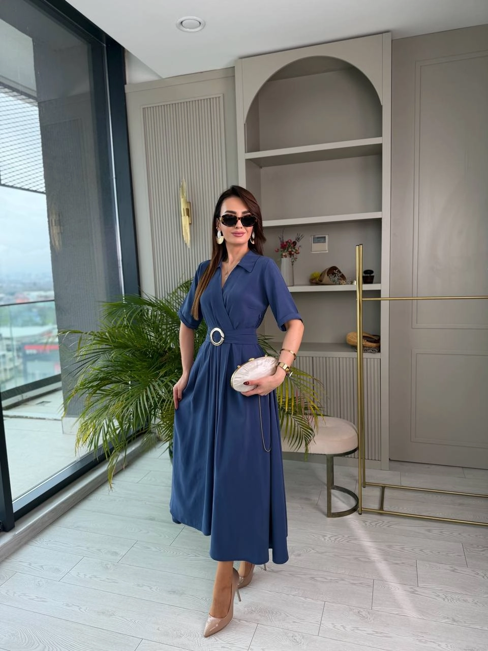 İndigo%20Mavi%20Tensel%20Kumaş%20Cepli%20Kruvaze%20Yaka%20Elbise