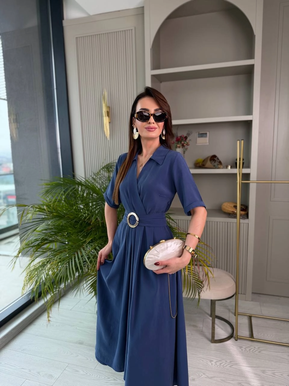 İndigo%20Mavi%20Tensel%20Kumaş%20Cepli%20Kruvaze%20Yaka%20Elbise