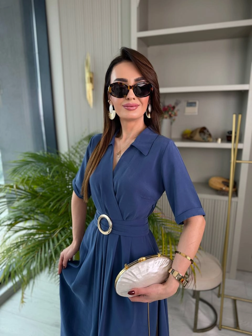 İndigo%20Mavi%20Tensel%20Kumaş%20Cepli%20Kruvaze%20Yaka%20Elbise