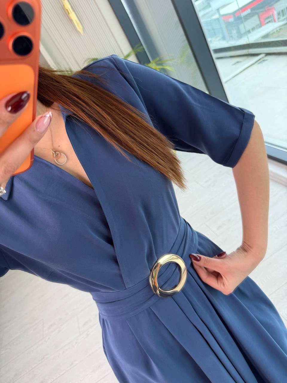 İndigo%20Mavi%20Tensel%20Kumaş%20Cepli%20Kruvaze%20Yaka%20Elbise