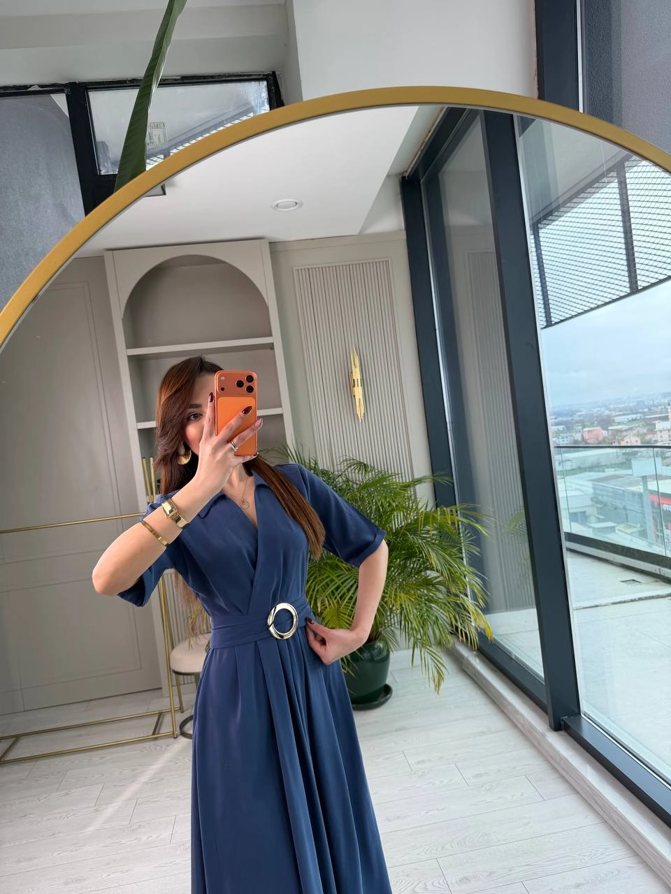 İndigo%20Mavi%20Tensel%20Kumaş%20Cepli%20Kruvaze%20Yaka%20Elbise