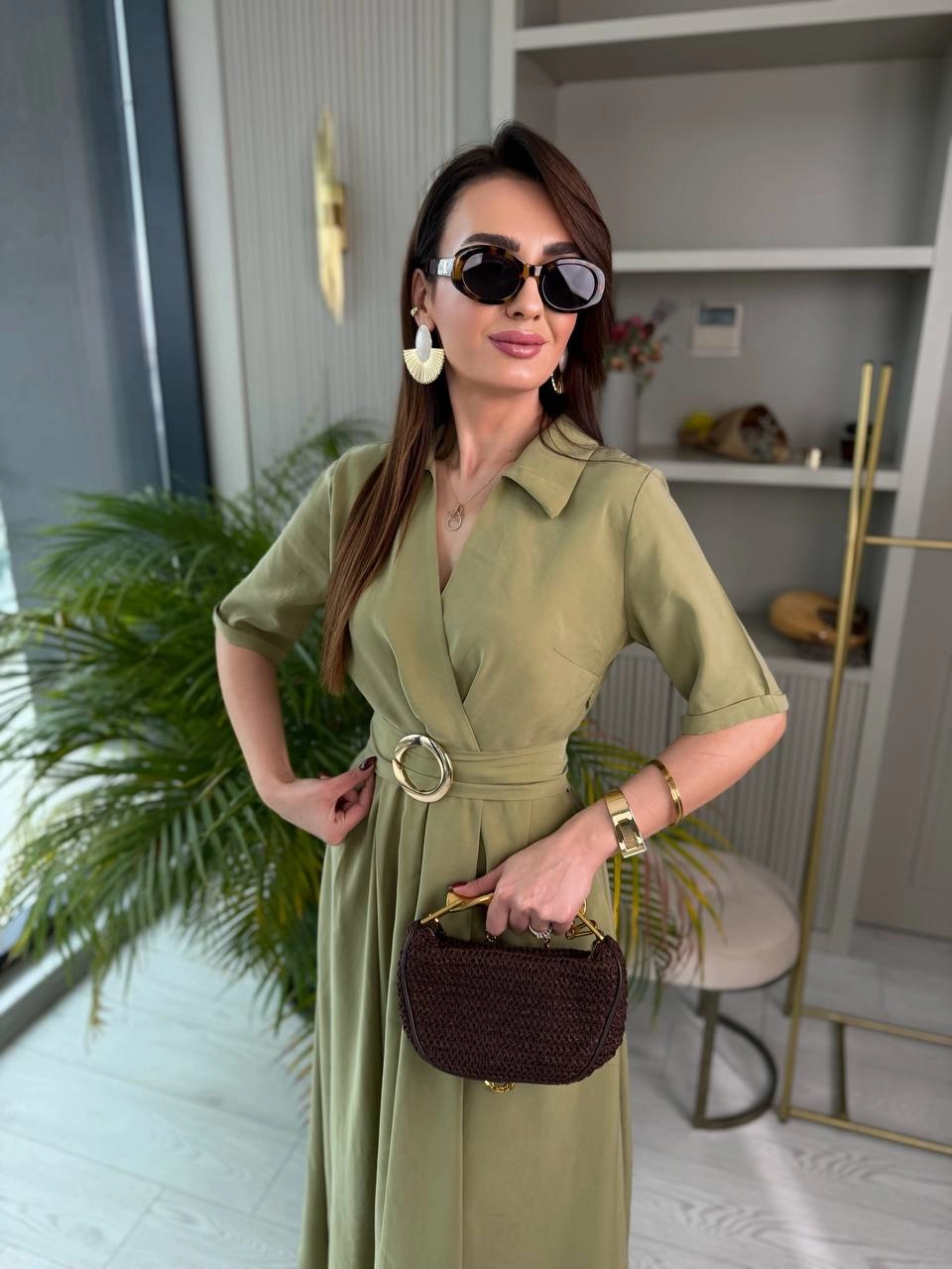 Yeşil%20Tensel%20Kumaş%20Cepli%20Kruvaze%20Yaka%20Elbise