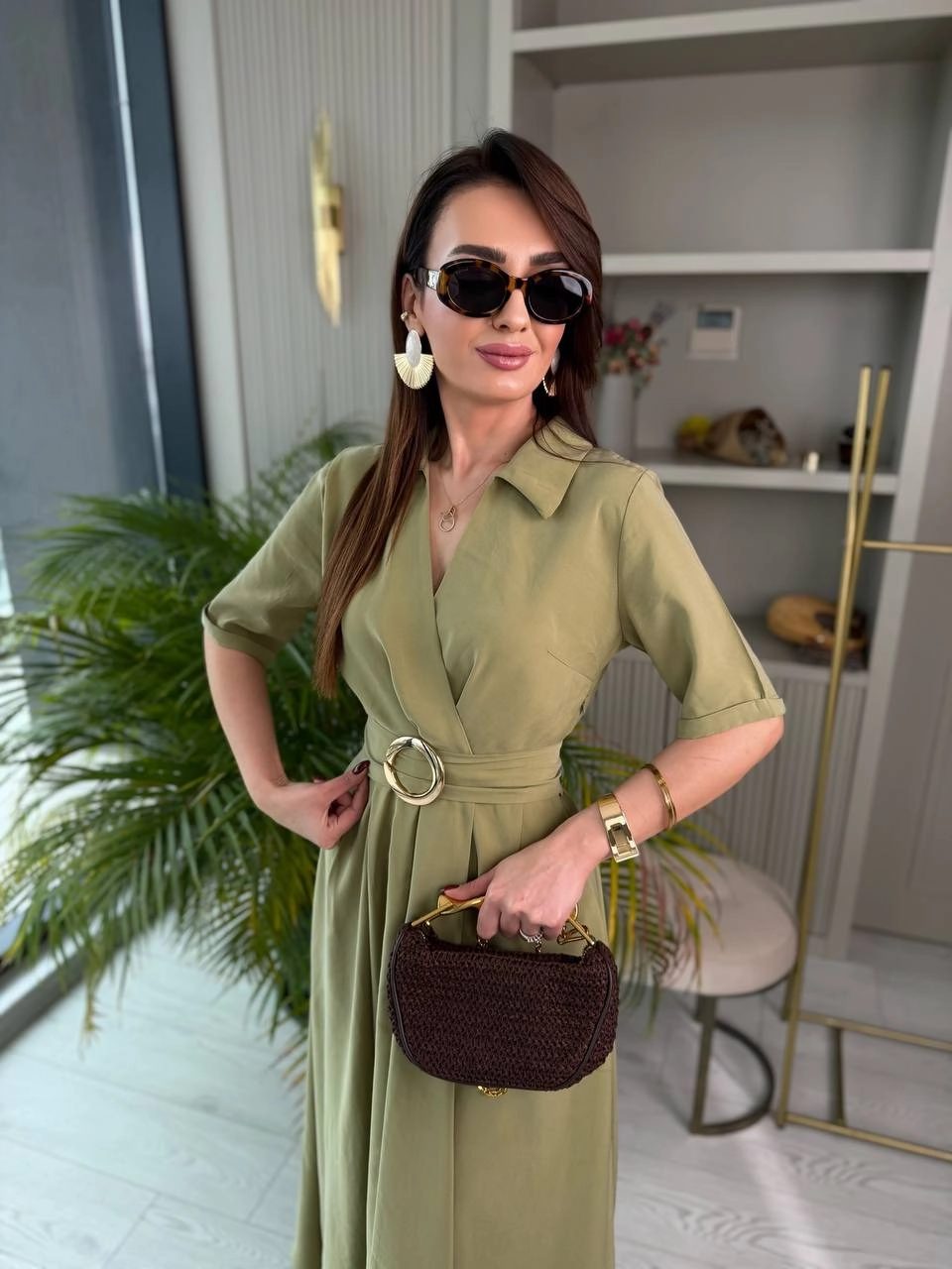 Yeşil%20Tensel%20Kumaş%20Cepli%20Kruvaze%20Yaka%20Elbise