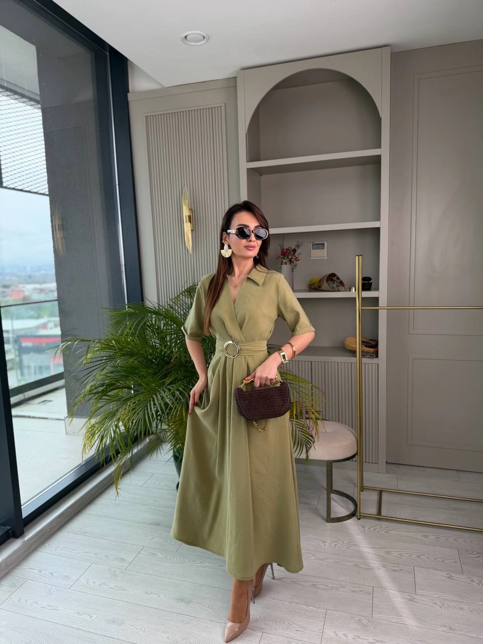 Yeşil%20Tensel%20Kumaş%20Cepli%20Kruvaze%20Yaka%20Elbise