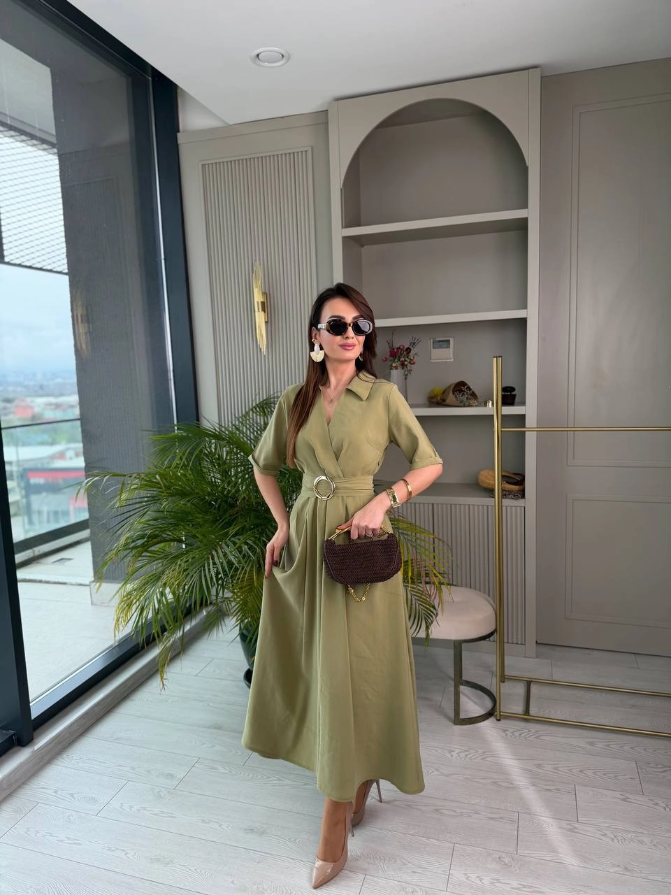 Yeşil%20Tensel%20Kumaş%20Cepli%20Kruvaze%20Yaka%20Elbise