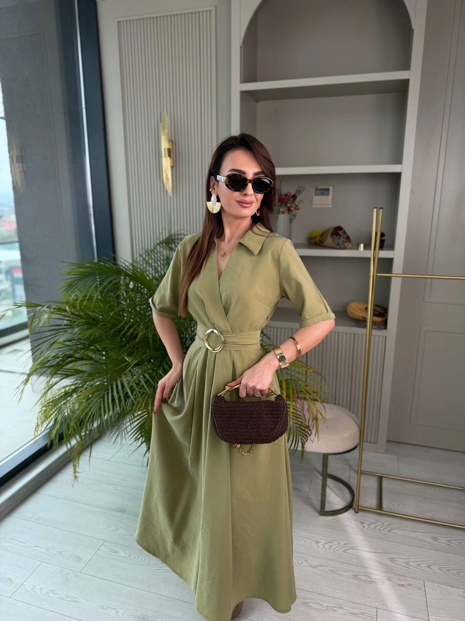 Yeşil%20Tensel%20Kumaş%20Cepli%20Kruvaze%20Yaka%20Elbise