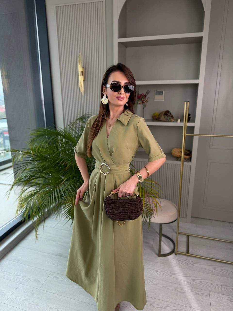 Yeşil%20Tensel%20Kumaş%20Cepli%20Kruvaze%20Yaka%20Elbise