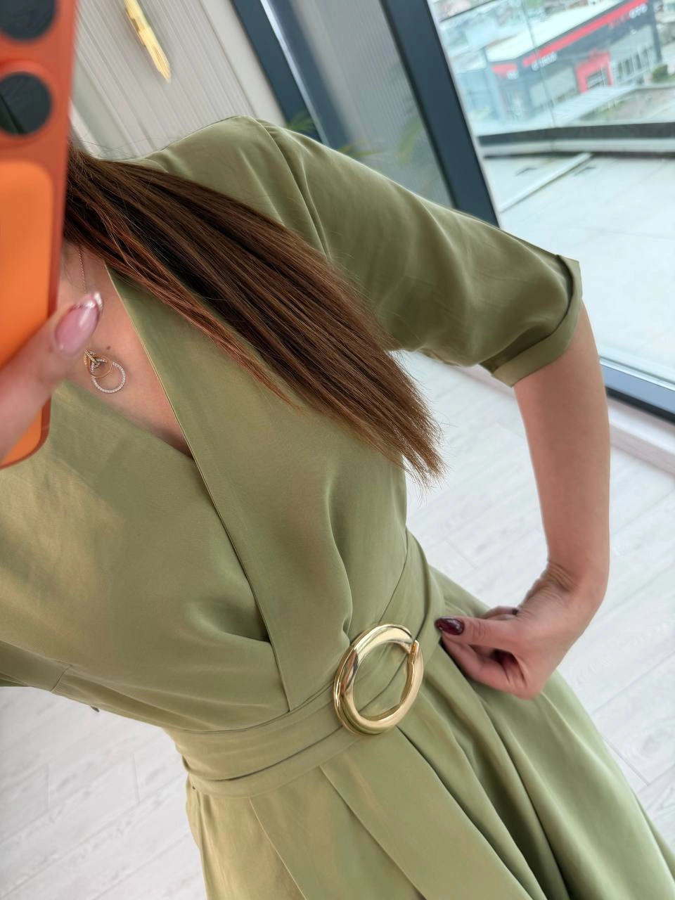 Yeşil%20Tensel%20Kumaş%20Cepli%20Kruvaze%20Yaka%20Elbise