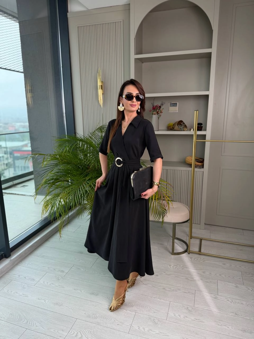 Siyah%20Tensel%20Kumaş%20Cepli%20Kruvaze%20Yaka%20Elbise