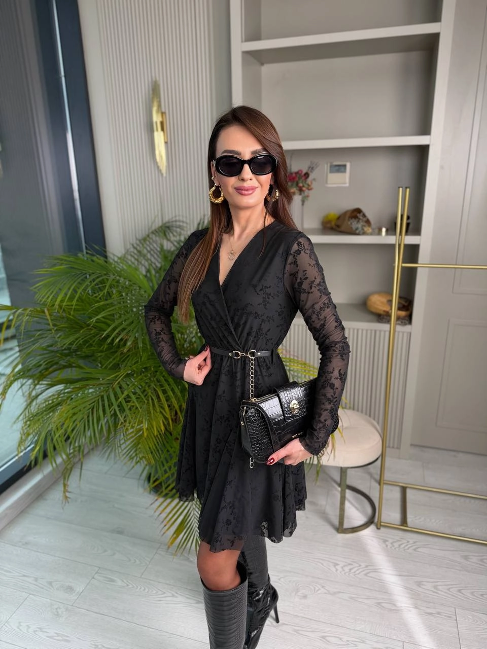 Siyah%20Kemerli%20Flok%20Baskı%20Elbise