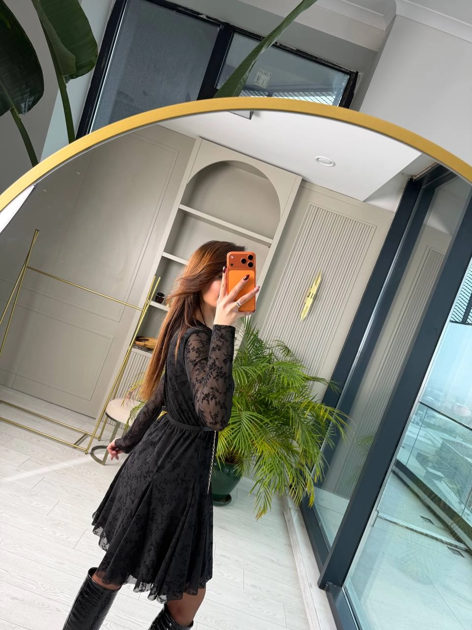 Siyah%20Kemerli%20Flok%20Baskı%20Elbise