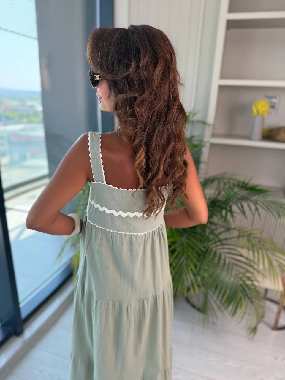 Haki%20Şerit%20Detaylı%20Astarlı%20Keten%20Elbise