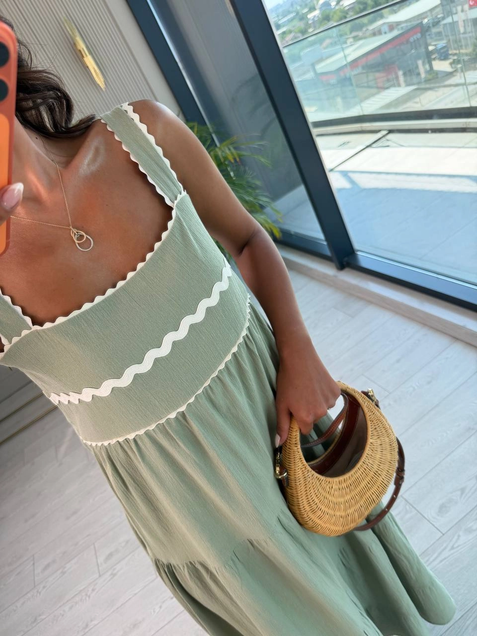 Haki%20Şerit%20Detaylı%20Astarlı%20Keten%20Elbise