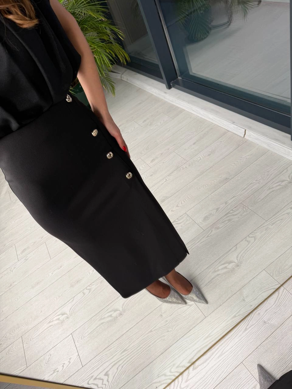 Siyah%20Zara%20Model%20Likralı%20Çelik%20Kumaş%20Düğme%20Detay%20Kalem%20Etek