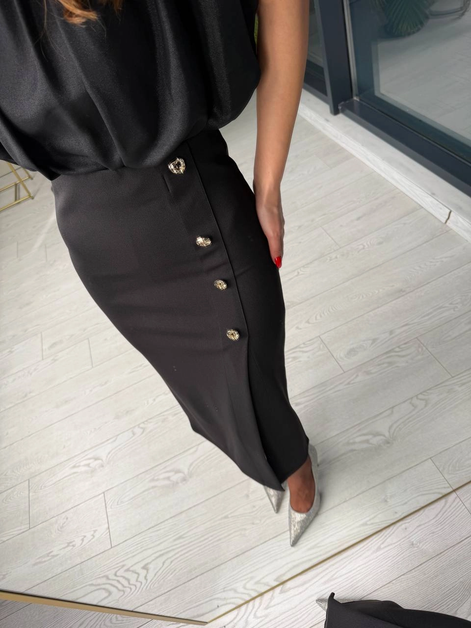 Siyah%20Zara%20Model%20Likralı%20Çelik%20Kumaş%20Düğme%20Detay%20Kalem%20Etek