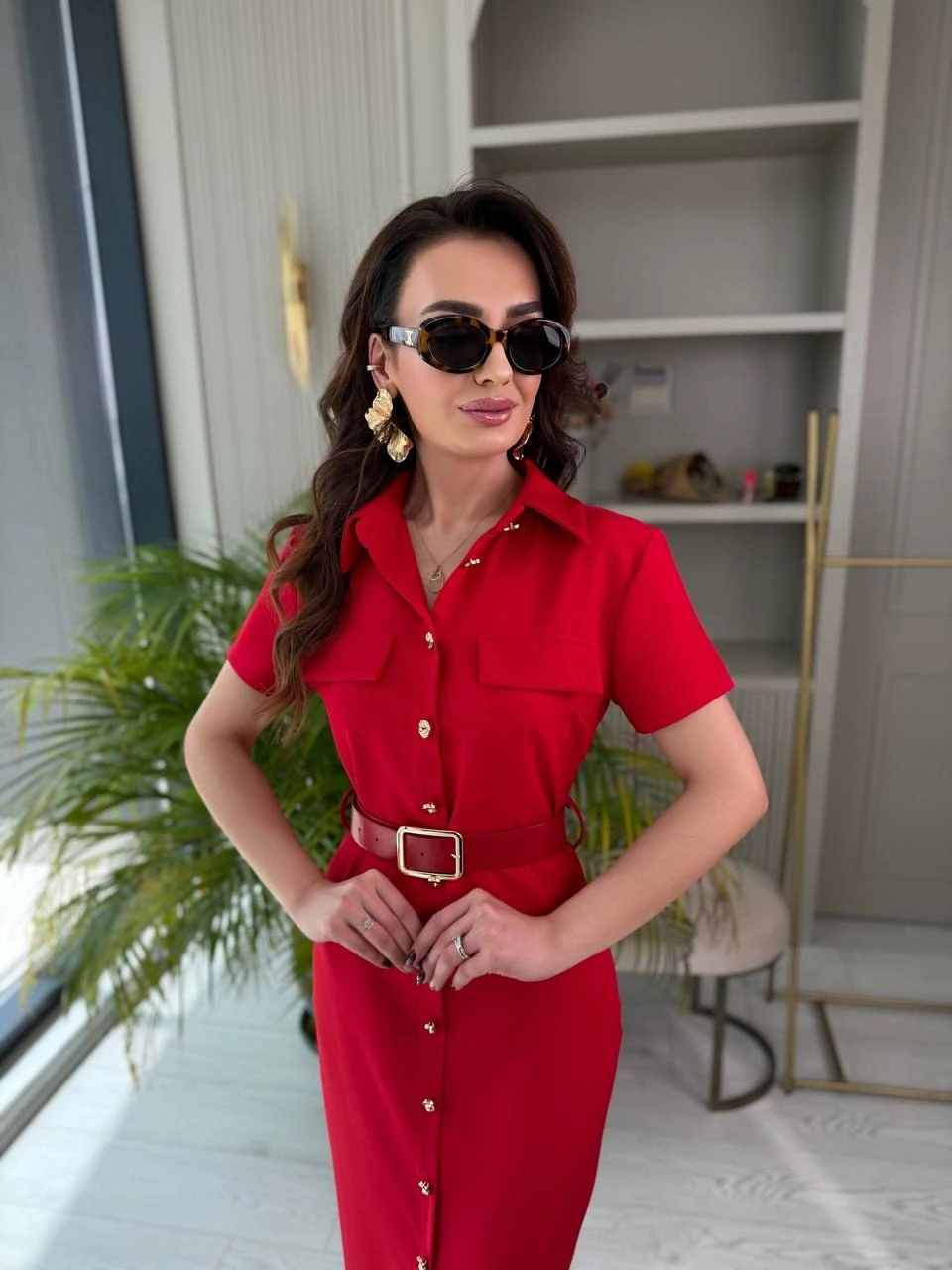 Kırmızı%20Kemerli%20Zara%20Model%20Double%20Kumaş%20Elbise