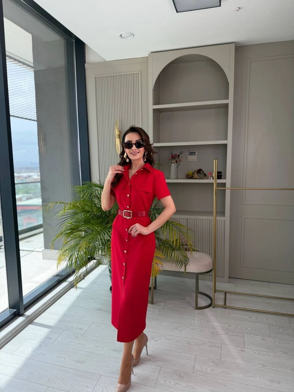 Kırmızı%20Kemerli%20Zara%20Model%20Double%20Kumaş%20Elbise