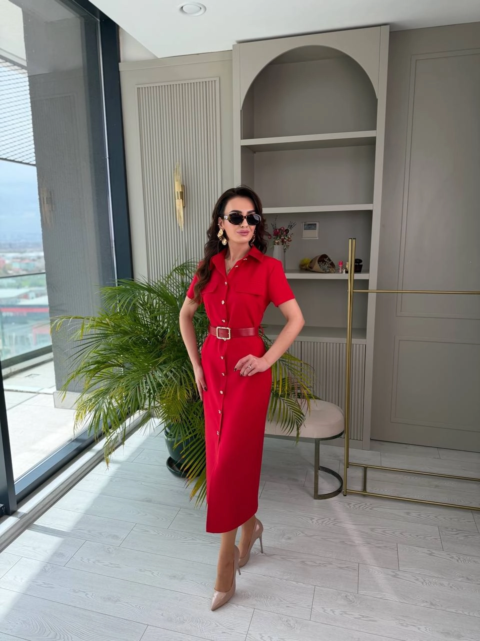 Kırmızı%20Kemerli%20Zara%20Model%20Double%20Kumaş%20Elbise