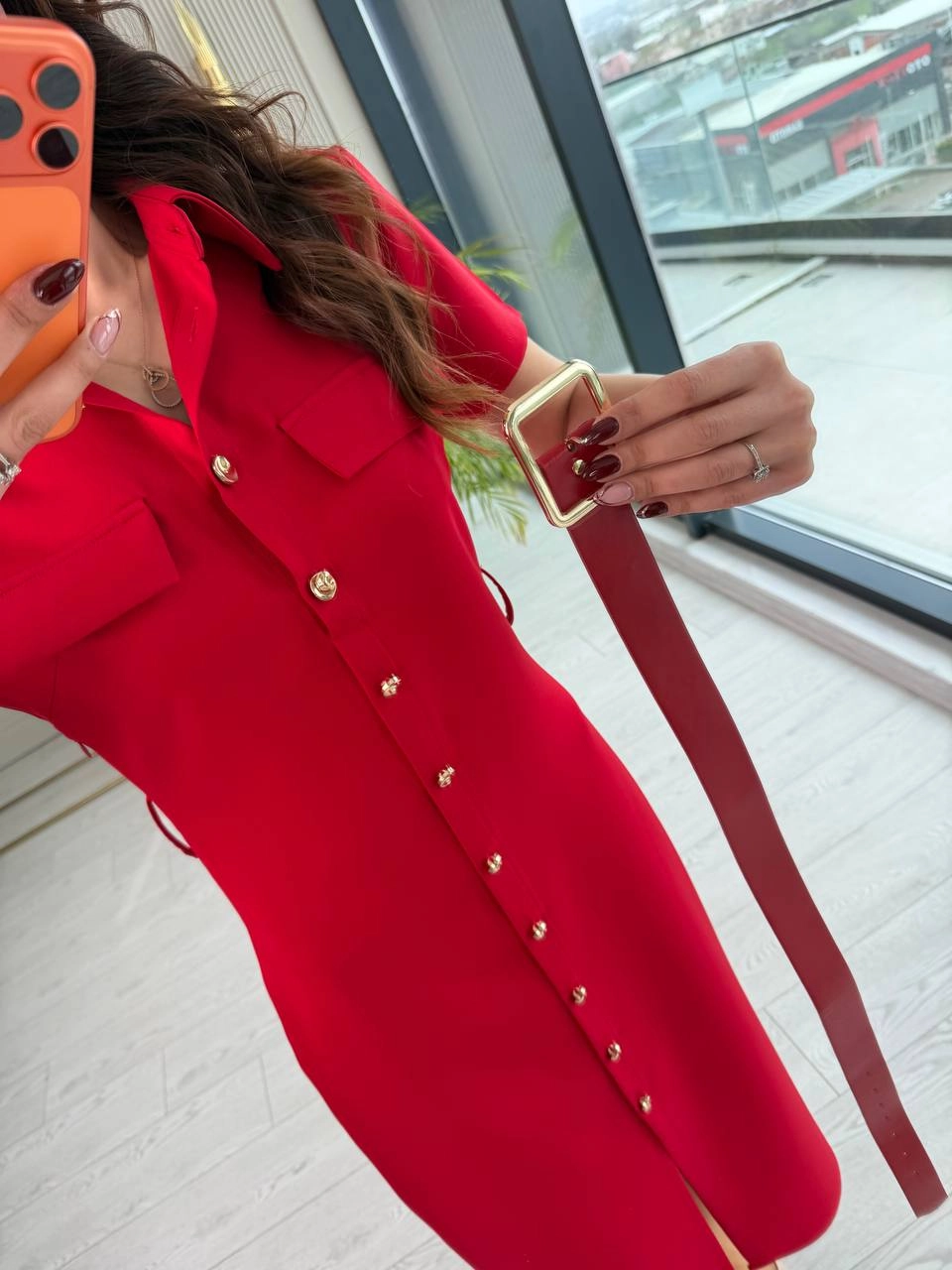 Kırmızı%20Kemerli%20Zara%20Model%20Double%20Kumaş%20Elbise