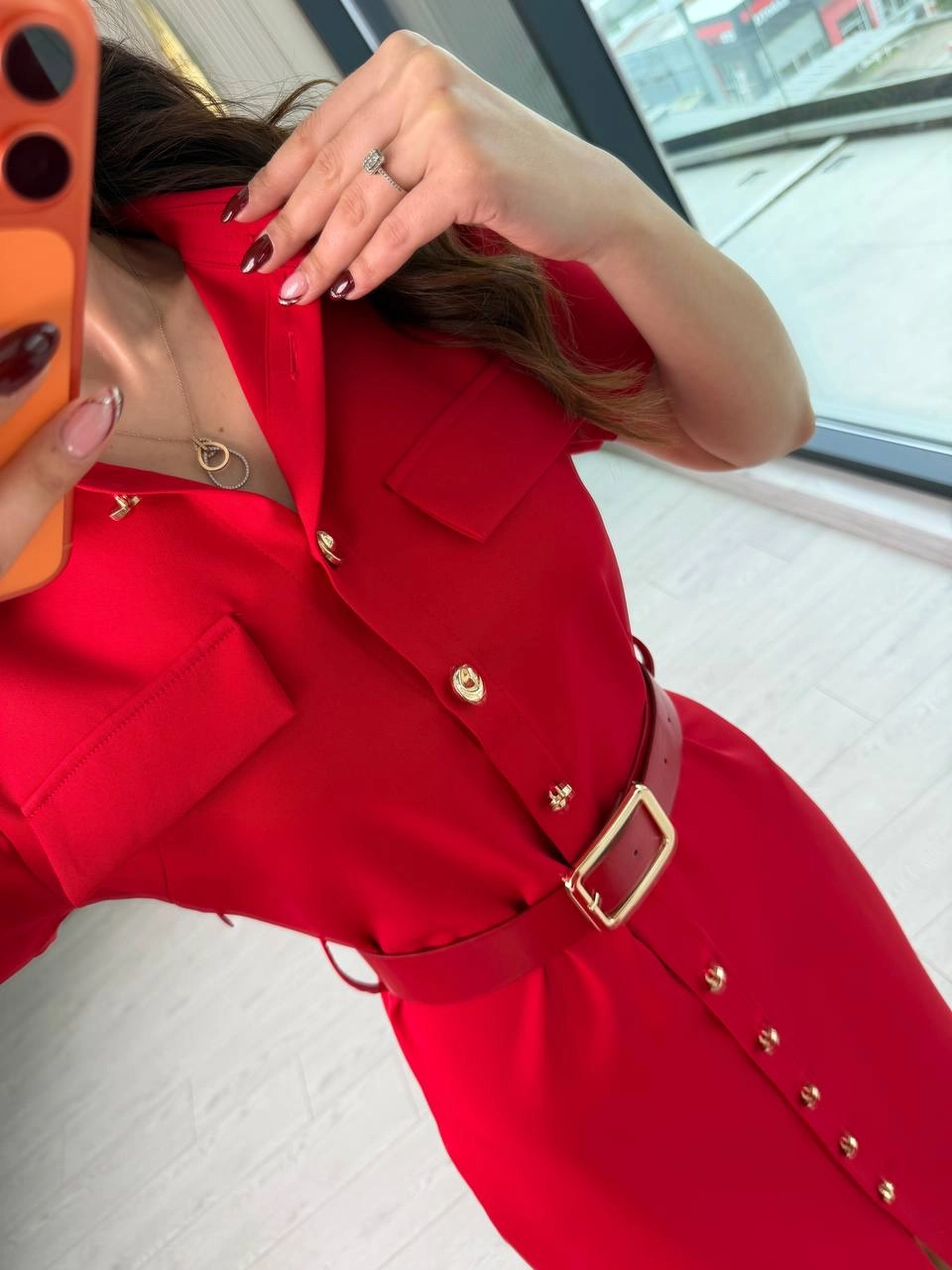 Kırmızı%20Kemerli%20Zara%20Model%20Double%20Kumaş%20Elbise