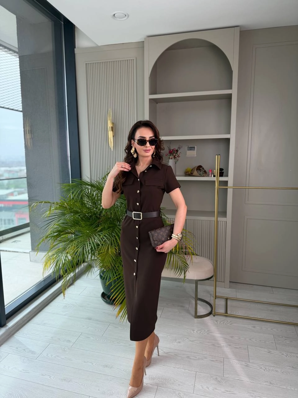 Kahverengi%20Kemerli%20Zara%20Model%20Double%20Kumaş%20Elbise