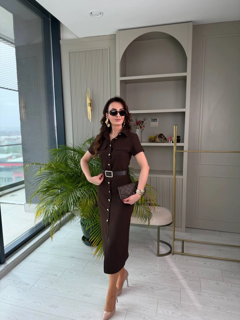 Kahverengi%20Kemerli%20Zara%20Model%20Double%20Kumaş%20Elbise