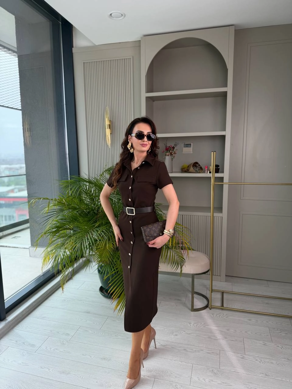 Kahverengi%20Kemerli%20Zara%20Model%20Double%20Kumaş%20Elbise