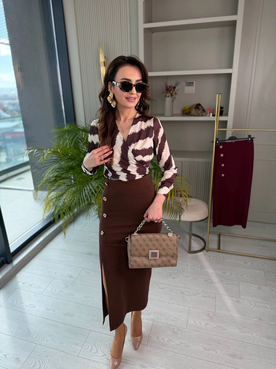 Kahverengi%20Zara%20Model%20Likralı%20Çelik%20Kumaş%20Düğme%20Detay%20Kalem%20Etek