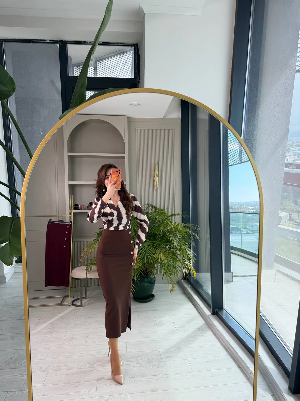 Kahverengi%20Zara%20Model%20Likralı%20Çelik%20Kumaş%20Düğme%20Detay%20Kalem%20Etek