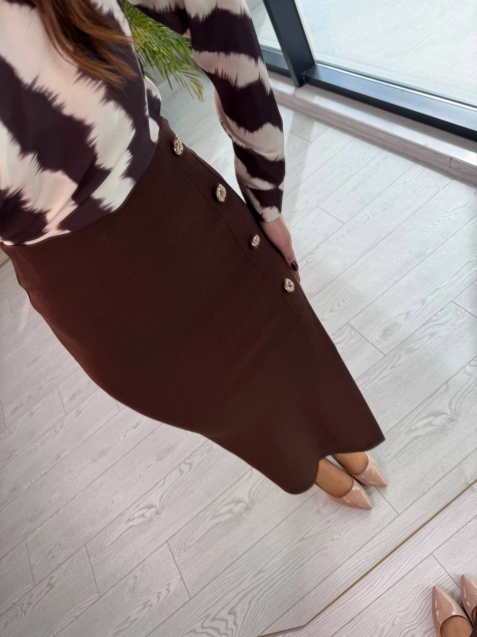 Kahverengi%20Zara%20Model%20Likralı%20Çelik%20Kumaş%20Düğme%20Detay%20Kalem%20Etek